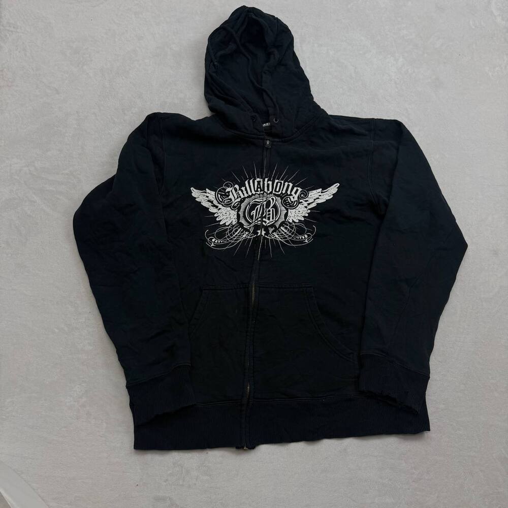 Billabong Men's Black Full Zip Hoodie Size L Graphic Wing Logo Skater Y2K